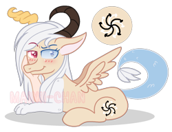 Size: 1477x1137 | Tagged: safe, artist:maiii-san, derpibooru import, oc, oc only, draconequus, blushing, draconequus oc, heterochromia, horns, lying down, prone, simple background, smiling, solo, transparent background, wings