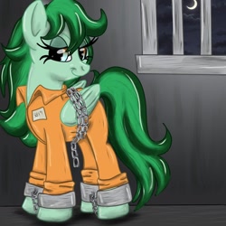 Size: 1024x1024 | Tagged: safe, artist:star14131, derpibooru import, oc, oc:eden shallowleaf, bound wings, clothes, cuffs, jail, prison, prison outfit, smiling, smirk, wings