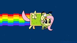 Size: 1920x1080 | Tagged: safe, artist:syrupyyy, derpibooru import, fluttershy, pegasus, pony, antonymph, clothes, cute, female, fluttgirshy, food, gif, hoodie, invader zim, mare, meme, nyan cat, poptart, rainbow, shyabetes, solo, vylet pony