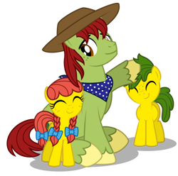 Size: 1600x1590 | Tagged: safe, artist:aleximusprime, derpibooru import, tex, oc, oc:annie smith, oc:apple chip, flurry heart's story, apple twins, clothes, cowboy hat, father, father and child, father and daughter, father and son, father's day, female, hat, like father like daughter, like father like son, like parent like child, male, noogie, nuzzles, nuzzling, offspring, parent and child, parent:applejack, parent:tex, parents:texjack, scarf, siblings, stetson, twins