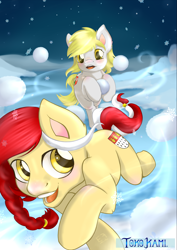 Size: 3507x4960 | Tagged: safe, artist:tokokami, ponerpics import, oc, oc only, oc:colonia, oc:westfalia, pony, cologne, poster, snow, snowball, snowball fight