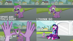 Size: 1280x720 | Tagged: safe, edit, edited screencap, editor:quoterific, screencap, spike, twilight sparkle, dog, human, insect, ladybug, equestria girls, equestria girls (movie), boots, clothes, cutie mark, cutie mark on clothes, duo, female, male, offscreen character, open mouth, pov, screaming, shoes, spike the dog, statue