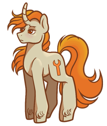 Size: 601x705 | Tagged: safe, artist:fizzmitz, oc, oc only, oc:tekkitbeasting, pony, unicorn, ponybooru collab 2021, curved horn, horn, lidded eyes, male, raised tail, simple background, solo, stallion, tail, transparent background, unshorn fetlocks