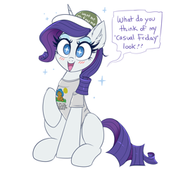 Size: 4000x4000 | Tagged: safe, artist:confetticakez, derpibooru import, rarity, pony, unicorn, blushing, cap, casual friday, clothes, crime against fashion, ear fluff, ears, fashion disaster, female, garfield, hat, looking at you, mare, open mouth, shirt, simple background, sitting, solo, speech bubble, starry eyes, t-shirt, white background, wingding eyes