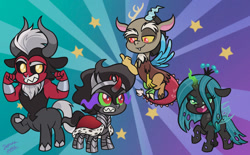 Size: 1280x795 | Tagged: safe, artist:itoruna-the-platypus, derpibooru import, discord, king sombra, lord tirek, queen chrysalis, centaur, changeling, changeling queen, draconequus, pony, umbrum, unicorn, my little pony: pony life, female, g4 to g4.5, male, mare, middle finger, signature, style emulation, vulgar