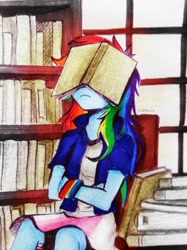 Size: 2598x3472 | Tagged: safe, artist:liaaqila, derpibooru import, rainbow dash, equestria girls, book, book on head, bookshelf, crossed arms, exploitable meme, meme, reading, reading rainbow, solo