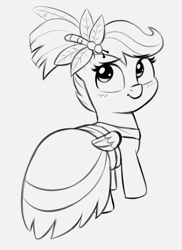 Size: 1443x1977 | Tagged: safe, artist:heretichesh, derpibooru import, scootaloo, pegasus, pony, clothes, dress, female, filly, gray background, grayscale, looking back, monochrome, simple background, sketch, solo