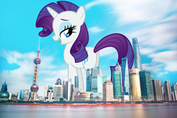 Size: 4500x3000 | Tagged: safe, artist:dashiesparkle, derpibooru import, rarity, pony, unicorn, butt, china, female, giant pony, giantess, highrise ponies, irl, lidded eyes, looking back, macro, mare, open mouth, open smile, photo, plot, ponies in real life, rear view, rearity, shanghai, smiling, story included