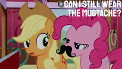 Size: 1280x720 | Tagged: safe, derpibooru import, edit, edited screencap, editor:quoterific, screencap, applejack, pinkie pie, earth pony, pony, season 3, spike at your service, applejack's hat, clothes, cowboy hat, facial hair, fake moustache, female, hat, mare, moustache, open mouth