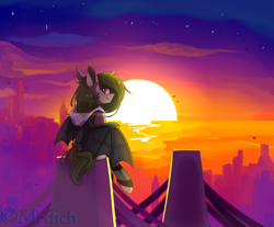 Size: 3000x2478 | Tagged: safe, artist:mediasmile666, derpibooru import, oc, oc only, alicorn, bat pony, bat pony alicorn, pony, bat pony oc, bat wings, bridge, city, cityscape, clothes, commission, female, hoodie, horn, looking at you, looking over shoulder, mare, red eyes, scenery, sidemouth, sitting, socks, solo, stars, sun, twilight (astronomy), wings