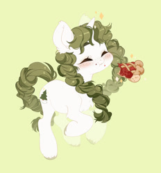 Size: 1135x1222 | Tagged: safe, artist:zilya-lya, derpibooru import, oc, oc only, pony, unicorn, blushing, braid, eating, eyes closed, food, freckles, green background, pie, simple background, solo