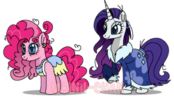 Size: 1142x640 | Tagged: safe, artist:maiii-san, derpibooru import, pinkie pie, rarity, earth pony, pony, unicorn, clothes, duo, eyelashes, female, horn, mare, messy mane, older, older pinkie pie, older rarity, raised hoof, raised leg, simple background, smiling, transparent background