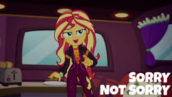 Size: 1280x720 | Tagged: safe, derpibooru import, edit, edited screencap, editor:quoterific, screencap, sunset shimmer, better together, equestria girls, sunset's backstage pass!, clothes, cutie mark, cutie mark on clothes, female, geode of empathy, magical geodes, music festival outfit, open mouth, smiling, solo