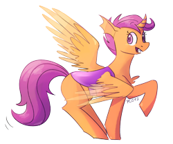 Size: 2318x1929 | Tagged: safe, artist:pc012, derpibooru import, scootaloo, changedling, changeling, changepony, hybrid, pegasus, alternate universe, fangs, female, orange changeling, pegaling, species swap