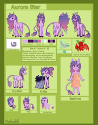 Size: 2667x3388 | Tagged: safe, artist:misskanabelle, derpibooru import, oc, oc only, oc:aurora star, anthro, pony, unguligrade anthro, unicorn, abstract background, anthro with ponies, base used, clothes, dress, ethereal mane, horn, leonine tail, pointy ponies, reference sheet, signature, starry mane, unicorn oc