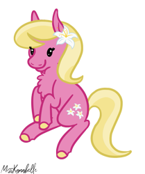 Size: 737x880 | Tagged: safe, artist:misskanabelle, derpibooru import, lily, lily valley, earth pony, pony, chest fluff, female, flower, flower in hair, mare, signature, simple background, smiling, solo, transparent background