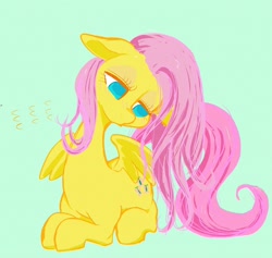 Size: 2048x1944 | Tagged: safe, artist:noupu, derpibooru import, fluttershy, pegasus, pony, cute, ears, female, floppy ears, green background, lying down, mare, no pupils, ponyloaf, prone, shyabetes, simple background, solo, spread wings, wings
