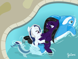 Size: 3334x2501 | Tagged: safe, artist:gutovi, derpibooru import, oc, oc only, oc:andrewmeda, oc:milky way (sodadrinker11), dripping, female, inflatable toy, looking at each other, lying down, male, oc x oc, on back, pool toy, shipping, sitting, smiling, straight, swimming pool, water, wet, wet mane