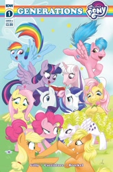 Size: 1349x2048 | Tagged: safe, artist:amy mebberson, derpibooru import, idw, applejack, applejack (g1), firefly, fluttershy, glory, pinkie pie, posey, rainbow dash, rarity, surprise, twilight (g1), twilight sparkle, twilight sparkle (alicorn), alicorn, butterfly, earth pony, pegasus, pony, unicorn, g1, g4, spoiler:comic, spoiler:comicgenerations, book, bow, cloud, comic, comic cover, crossover, female, females only, flower, grass, hair bow, hatless, logo, mane six, missing accessory, my little pony logo, my little pony: generations, sky, stars, tail bow, text