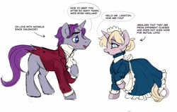 Size: 4096x2599 | Tagged: safe, artist:lunnitavaldez, derpibooru import, oc, oc only, oc:andy langton, oc:michelle, pony, unicorn, horn, maid, tailcoat, unicorn oc