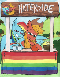 Size: 981x1250 | Tagged: safe, artist:ashleyfableblack, derpibooru import, applejack, rainbow dash, earth pony, pegasus, pony, appledash, cup, feather in hair, female, food, gay pride flag, grass, jewelry, lemon, lesbian, lidded eyes, marker drawing, necklace, pride, pride flag, ring, shipping, sky, smiling, smirk, traditional art, tree