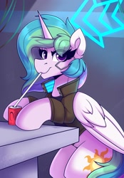 Size: 1500x2150 | Tagged: safe, artist:shadowreindeer, derpibooru import, princess celestia, alicorn, pony, clothes, cyberpunk, drink, drinking straw, jacket, looking at you, smiling, solo