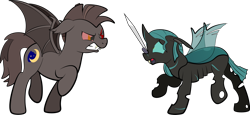 Size: 1920x882 | Tagged: safe, artist:alexdti, derpibooru import, oc, oc only, oc:kallaxa, bat pony, changeling, pony, angry, bat pony oc, changeling oc, duo, duo male, eye scar, looking at each other, male, mouth hold, one eye closed, scar, scared, simple background, stallion, sword, transparent background, weapon