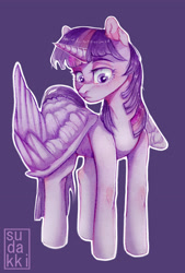 Size: 2510x3707 | Tagged: safe, artist:dikkaa, derpibooru import, twilight sparkle, twilight sparkle (alicorn), alicorn, pony, female, frown, high res, mare, simple background, solo, spread wings, wings