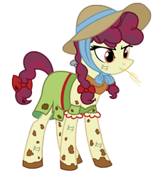 Size: 2269x2550 | Tagged: safe, alternate version, artist:three uncle, derpibooru import, hilly hooffield, earth pony, pony, the hooffields and mccolts, background pony, bow, clothes, female, hair bow, hat, hooffield family, horse collar, mare, mud, muddy, pigtails, pose, simple background, solo, straw in mouth, sun hat, vector