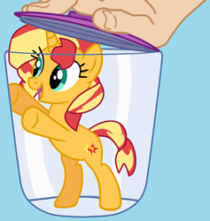 Size: 1194x1262 | Tagged: safe, artist:daisydizzbases, artist:jadethepegasus, derpibooru import, sunset shimmer, human, pony, unicorn, base used, bipedal, blue background, cup, female, hand, lid, mare, open mouth, raised hoof, raised leg, simple background, solo, this will not end well