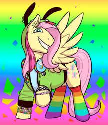 Size: 1280x1472 | Tagged: safe, artist:verikoira, derpibooru import, fluttershy, pegasus, antonymph, clothes, female, fluttgirshy, gradient background, invader zim, mare, rainbow background, rainbow socks, socks, solo, striped socks