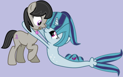 Size: 1511x952 | Tagged: safe, artist:jadethepegasus, derpibooru import, octavia melody, sonata dusk, oc, oc:jade the pegasus, pegasus, pony, seapony (g4), wonderbolts academy, duo, duo female, female, lesbian, open mouth, pegasus oc, raised hoof, raised leg, shipping, sontavia, surprised