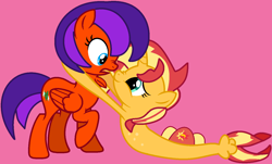 Size: 1427x861 | Tagged: safe, artist:jadethepegasus, derpibooru import, sunset shimmer, oc, oc:jade the pegasus, pegasus, pony, seapony (g4), unicorn, equestria girls, wonderbolts academy, duo, duo female, female, lesbian, open mouth, raised hoof, raised leg, shipping, surprised