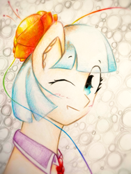 Size: 1920x2560 | Tagged: safe, artist:stardust0130, derpibooru import, coco pommel, earth pony, pony, female, looking at you, mare, one eye closed, rainbow thread, solo