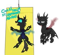 Size: 2112x1773 | Tagged: safe, artist:moonatik, derpibooru import, oc, oc only, oc:coxa, oc:mimesis, changeling, adorable distress, bugs doing bug things, changeling oc, cute, dialogue, fangs, fly paper, flying, male, not this shit again, red changeling, simple background, stuck, transparent background