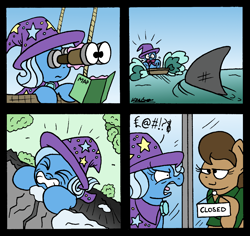 Size: 2158x2034 | Tagged: safe, artist:bobthedalek, derpibooru import, trixie, oc, earth pony, pony, shark, unicorn, atg 2021, binoculars, brooch, cape, clothes, comic, hat, implied swearing, jewelry, newbie artist training grounds, panic, polo shirt, rowboat, smug, trixie's brooch, trixie's cape, trixie's hat