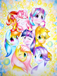 Size: 1920x2560 | Tagged: safe, artist:stardust0130, derpibooru import, applejack, fluttershy, pinkie pie, rainbow dash, rarity, starlight glimmer, sunset shimmer, twilight sparkle, earth pony, pegasus, pony, unicorn, applejack's hat, clothes, cowboy hat, eyes closed, female, hat, looking at you, mane six, mare, one eye closed, smiling