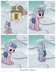 Size: 1200x1552 | Tagged: safe, artist:deusexequus, derpibooru import, cozy glow, pegasus, pony, comic:fix, cloud, comic, comments locked on derpi, ears, female, floppy ears, freckles, house, implied parents, looking down, sad, solo, speech bubble, walking