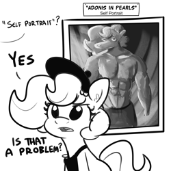 Size: 3000x3000 | Tagged: safe, artist:tjpones, derpibooru import, oc, oc only, oc:brownie bun, earth pony, pony, black and white, earth pony oc, female, grayscale, hat, high res, mare, monochrome, muscles, offscreen character, smock, solo