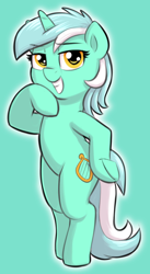 Size: 1112x2024 | Tagged: safe, artist:heretichesh, derpibooru import, lyra heartstrings, pony, unicorn, bipedal, female, green background, hoof on hip, looking at you, mare, outline, simple background, smiling, smirk, smug, solo, teeth, underhoof