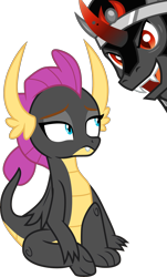 Size: 3000x4973 | Tagged: safe, artist:chrzanek97, artist:cloudyglow, derpibooru import, edit, king sombra, smolder, dragon, umbrum, alternate universe, dragoness, father and child, father and daughter, female, male, parent and child, sitting, talking, vector, vector edit