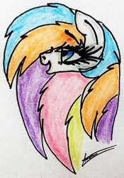 Size: 451x644 | Tagged: safe, artist:beamybutt, derpibooru import, oc, oc only, earth pony, pony, bust, earth pony oc, eyelashes, female, mare, multicolored hair, open mouth, rainbow hair, signature, solo, traditional art