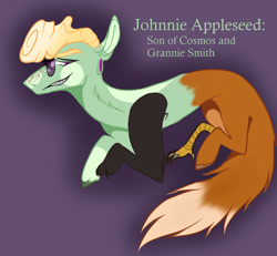 Size: 1024x946 | Tagged: safe, artist:hawklesscorruption, derpibooru import, oc, oc only, oc:johnnie appleseed, draconequus, crack ship offspring, interspecies offspring, magical lesbian spawn, offspring, parent:cosmos, parent:granny smith, solo, sunglasses