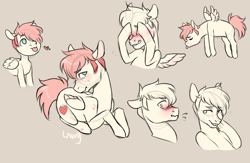 Size: 1000x650 | Tagged: safe, artist:lavvythejackalope, derpibooru import, oc, oc only, oc:alex, pegasus, pony, :p, blushing, brown background, embarrassed, eyes closed, flying, lying down, male, pegasus oc, prone, simple background, sketch, smiling, stallion, tongue, tongue out, wings
