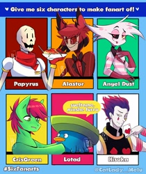 Size: 2098x2500 | Tagged: safe, artist:catlady_melu, derpibooru import, oc, earth pony, human, alastor, angel dust, bone, bust, clothes, crossover, earth pony oc, female, lily pad, lotad, male, papyrus (undertale), pokémon, six fanarts, skeleton, stallion, undertale