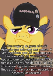 Size: 1749x2511 | Tagged: safe, derpibooru import, edit, edited screencap, editor:notxweeb, screencap, mint condition, pony, unicorn, acdc, beard, cap, clothes, facial hair, hat, iron maiden, male, meme, shirt, spanish, t-shirt, text, watermark