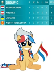 Size: 974x1303 | Tagged: safe, artist:ashidaru, edit, oc, oc:ember (hwcon), pony, austria, dutch, euro 2020, female, flag, gritted teeth, holding a flag, nation ponies, netherlands, north macedonia, solo, teeth, ukraine