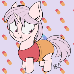 Size: 4000x4000 | Tagged: safe, artist:evan555alpha, oc, oc only, oc:red pill, unicorn, abstract background, blue pill, costume, female, filly, lip bite, looking back, messy mane, nervous, red pill, scrunchy face, shrunken pupils, signature, silly, solo, unicorn oc