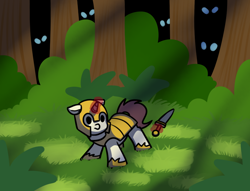 Size: 1026x784 | Tagged: safe, artist:neuro, oc, oc only, pony, unicorn, armor, dagger, ears, eye, eyes, female, floppy ears, forest, guardsmare, helmet, hoof shoes, horn, magic, mare, royal guard, telekinesis, unicorn oc, weapon