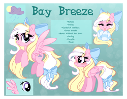 Size: 4500x3500 | Tagged: safe, artist:emberslament, derpibooru import, oc, oc only, oc:bay breeze, pegasus, pony, blushing, bow, clothes, cute, female, hair bow, heart eyes, high res, long mane, mare, pegasus oc, reference sheet, socks, solo, striped socks, tail bow, text, wingding eyes